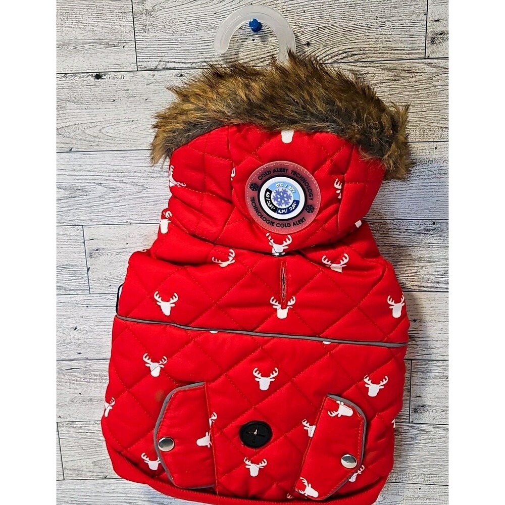 LuvGear ColdAlert Dog Coat Jacket XS Red White Hooded Warm Polyester Elk